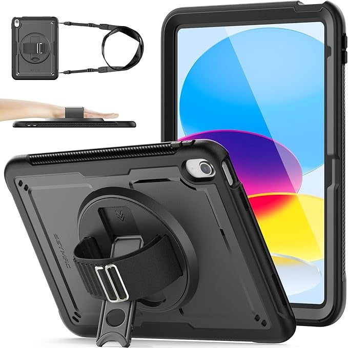 SEYMAC stock iPad A16 Case 11th/10th Generation 11''/10.9'' 2025/2022, Heavy Duty Case with Screen Protector [360° Rotating Holder/Hand Strap] and Shoulder Strap, Black
